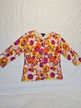 SML Design Retro Abstract Circle Print Cotton Blend 3/4 Sleeve Cardigan - Large